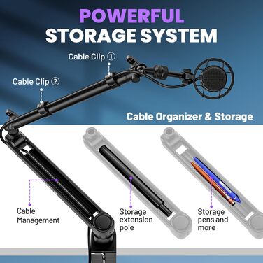 CAHAYA Мікрофонний стійкий кронштейн Boom Arm Professional: Регульований мікрофонний кронштейн з подовжувачем, дизайн під монітор для стрімінгу та запису, вантажопідйомність до 2.5 кг