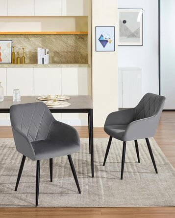 Набір обідніх стільців WOLTU з підлокітниками та спинкою, для кухні, вітальні, їдальні, м'який оксамитовий чохол, металеві ніжки, темно-сірий, 8 шт.