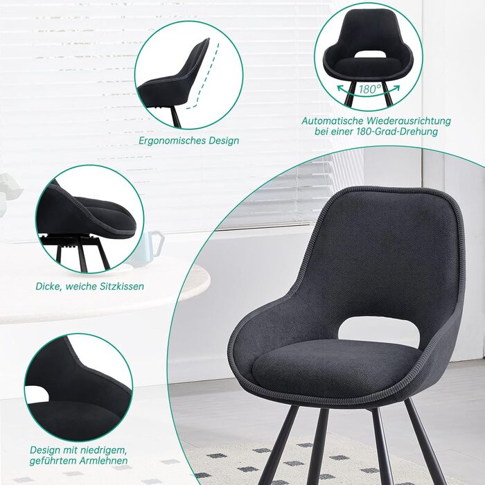 Набір з 6 обертових кухонних стільців, чорного кольору, з низькими підлокітниками, 180° оберт, автоматичне вирівнювання