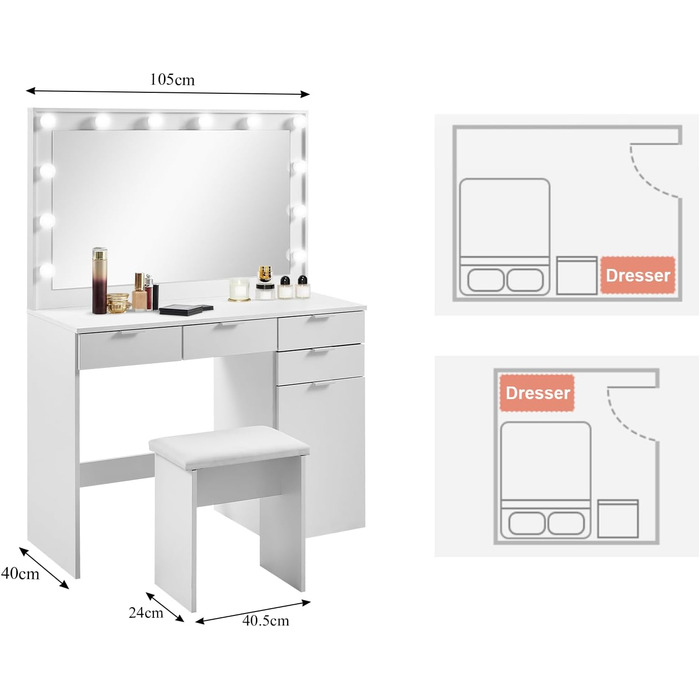 Туалетний столик з дзеркалом, LED підсвічування, 4 ящики, шафа і табурет, білий