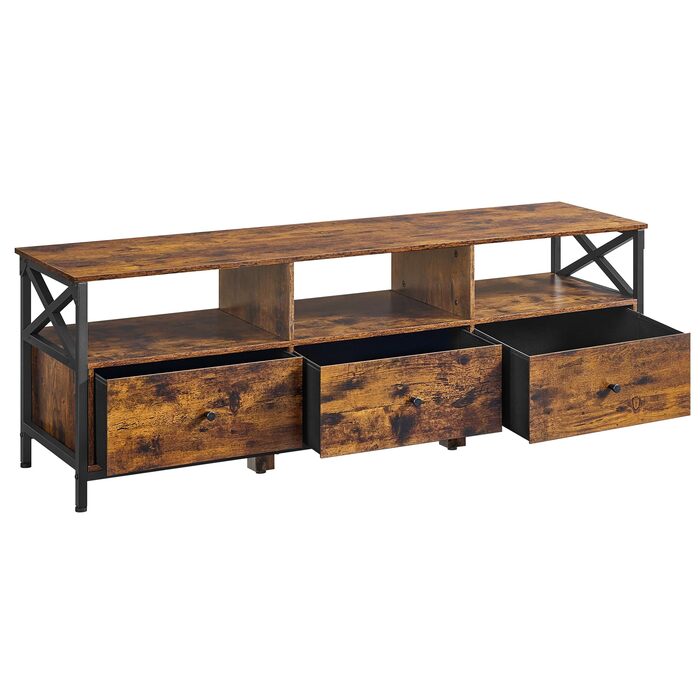 Тумба під телевізор VASAGLE до 80 дюймів, лофт, 3 шухляди, 3 полиці, вітальня, сталевий каркас, коричнево-чорний LTV302B01