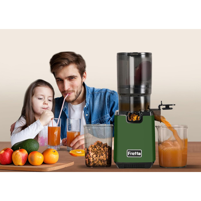 Фреш-прес Fretta Slow Juicer: Швидкий та зручний соковичавник з нержавіючої сталі для овочів та фруктів, 135 мм, 1.8 л, з функцією реверсу, 250W (Темно-зелений)
