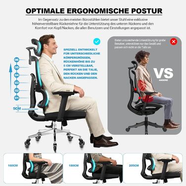 Ергономічне офісне крісло 200 кг | Регульована спинка 6P | 4D підлокітники | Безшумні гумові колеса | Регулювання глибини сидіння | Крісло для великих людей | Перевірено EN12520 | Пінощільність 45