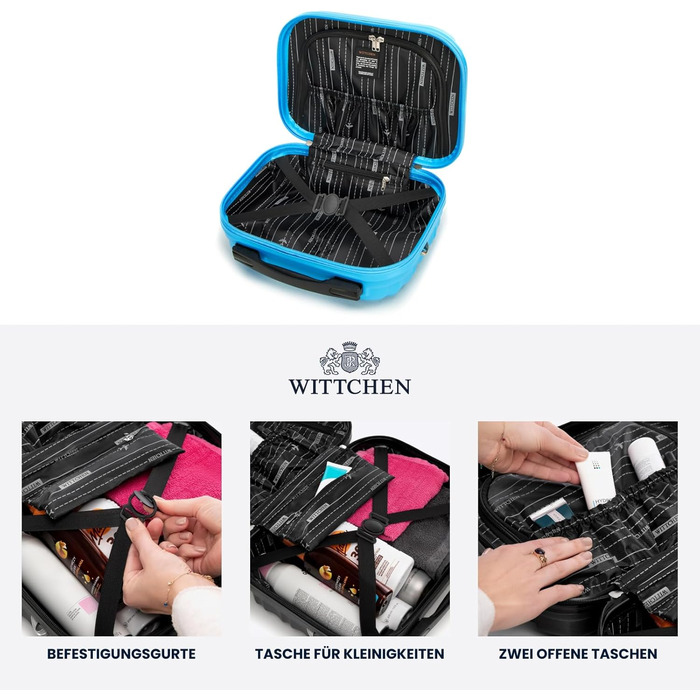 Набір валізWITTCHEN 3 в 1: велика, середня, маленька. Валізи на колесах з ABS, з кодовим замком, 4 колеса, Groove Line. Підходить для Lufthansa, Eurowings, Ryanair, Condor. (Синій, косметичка)