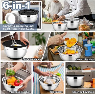 Набір мисок HaWare 6 шт. з нержавіючої сталі, набір салатників з герметичними кришками та 3 насадки для тертя, об'єм 4,6/2,8/2,5/1,6/1,2/0,7 л, антиковзний силіконовий низ, придатні для миття в посудомийній машині, чорний колір