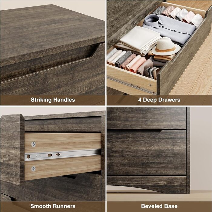 Комод Bealife для спальні з 4 великими шухлядами, шафа з шухлядами з вирізаними ручками та блокуванням від перекидання, ідеальний для вітальні, офісу (темно-сірий)