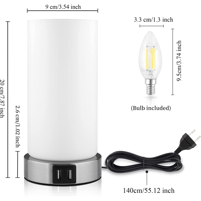 Приліжковий світильник SYOND Touch Dimming, E14, 2 USB, 3 рівні, з лампочкою, теплий білий (пара)