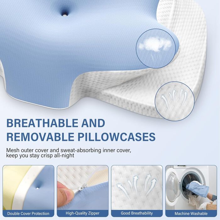 Подушка для шиї з піною з пам'яті, дихаюча, ергономічна, 65x37x10/12 см (Блакитна)