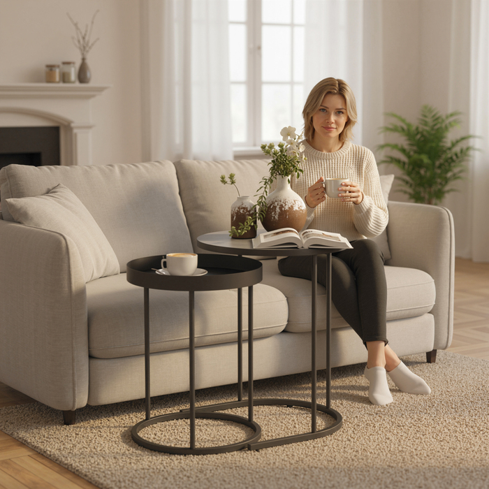 Набір з 2 журнальних столиків для вітальні, вкласні, з підносом, металеві, сірого кольору
