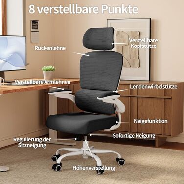 Ергономічне крісло TRALT для офісу з регульованою поперековою підтримкою та підголівником. Ігрове крісло, офісне крісло, крісло для дому, крісло для великих людей, 150 кг, біло-чорне