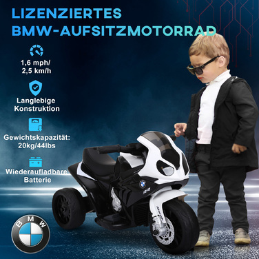 HOMCOM BMW S1000RR ліцензований електричний дитячий мотоцикл дитячий транспортний засіб з акумулятором, триколісний, сталевий, чорний, 66x37x44 см