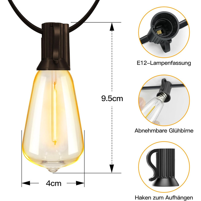 Зовнішні струнні ліхтарі Ollny 20M, 37 G40 LED, водонепроникні для саду, кемпінгу, патіо, вечірок