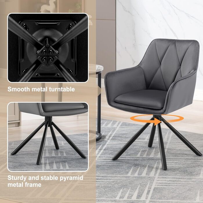 Набір обідніх стільців Lestarain 4 шт., поворотні, для кухні, спальні, вітальні, м'які з підлокітниками та спинкою, металеві ніжки, оксамит, темно-сірий