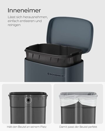 Кухонний сміттєвий бак SONGMIC об'ємом 30 літрів, сміттєвий бак для сміття, сміттєвий бак для педалей, кухонний сміттєвий бак з м'якою кришкою і внутрішнім відром, Ківш для педалей, сталевий, димчасто-сірий LTB03GS