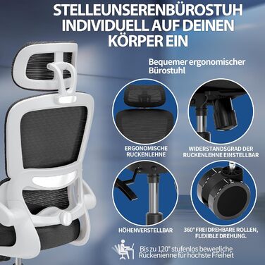 Ергономічне крісло TRALT для офісу з регульованою поперековою підтримкою та підголівником. Ігрове крісло, офісне крісло, крісло для дому, крісло для великих людей, 150 кг, біло-чорне