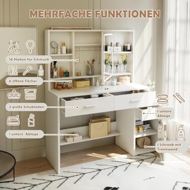 Дзеркало для макіяжу JUMMICO з LED-підсвічуванням, регульована яскравість та колірна температура, органайзер, туалетний столик з ящиками та регульованими полицями, 110x40x140 см