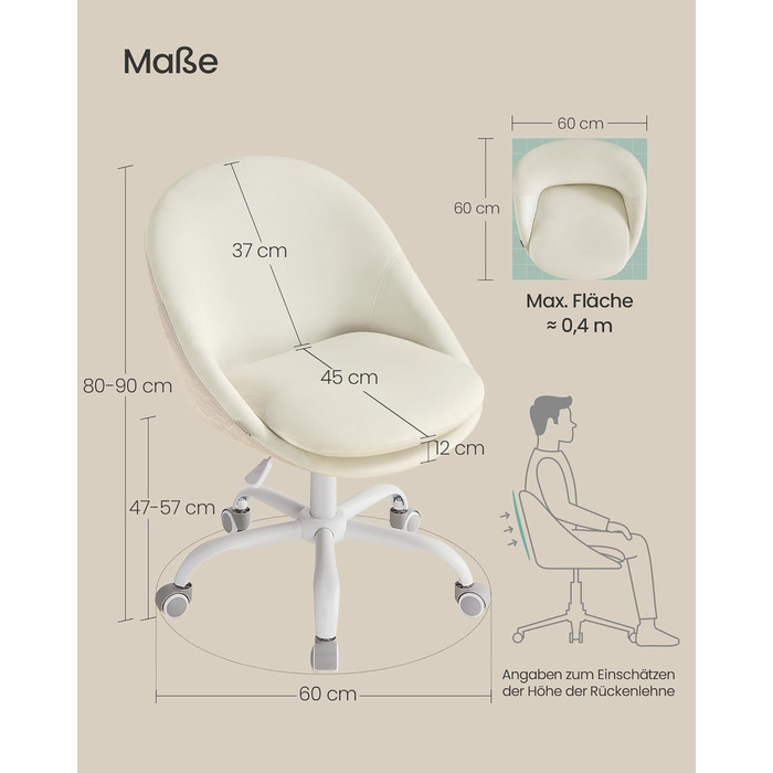 Крісло SONGMICS для офісу та дому, з оксамитовою передньою частиною, регульоване по висоті, для робочого кабінету або спальні, кремовий колір, OBG020WD01