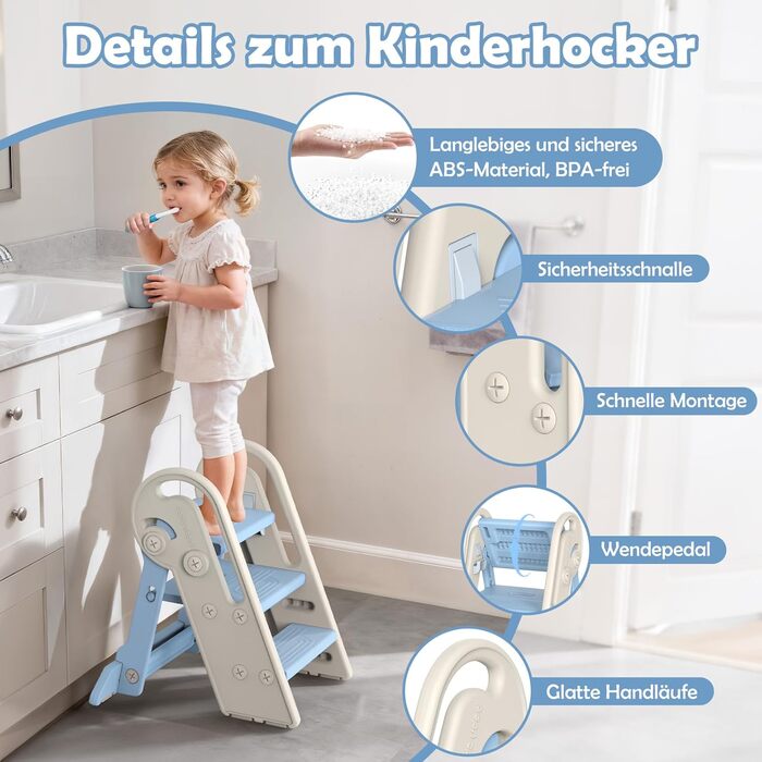 Дитячий підсвічник Onasti Tritthocker: регульована висота, 3 сходинки, з ручками, складний, антиковзний, для кухні, ванної, туалету (сірий, сіро-білий, блакитний)