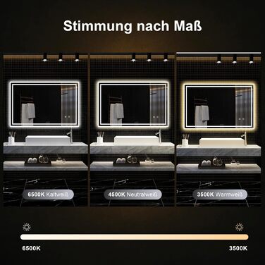 Дзеркало для ванної кімнати Youyijia з підсвічуванням, 70x50 см, антизапітніюче, сенсорне керування, 3 кольори світла, регулювання яскравості, 3500K-6500K