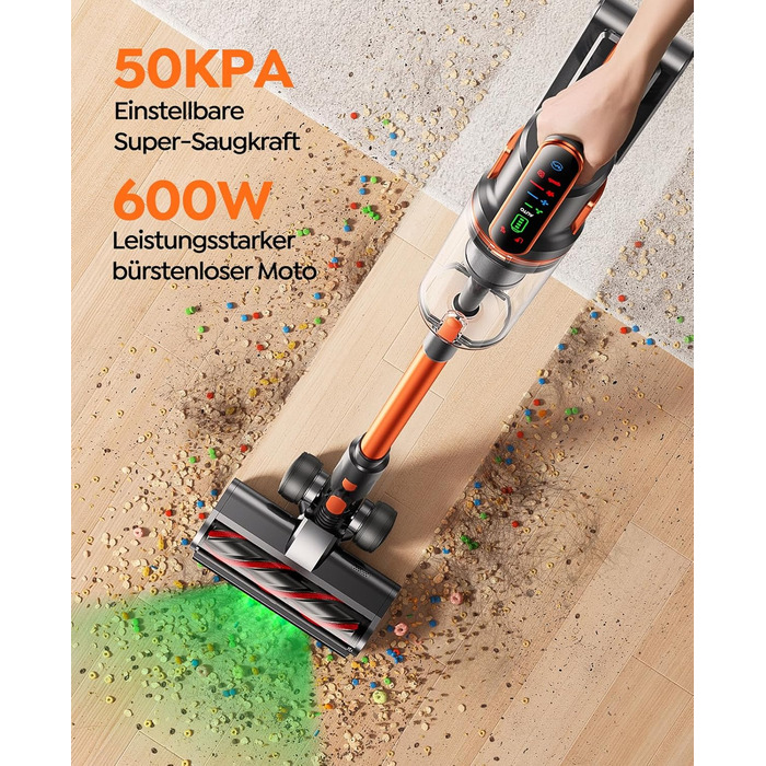 Бездротовий пилосос Fieety з акумулятором, 600W, 50kPa, 65 хв роботи, станція для зарядки на стіні, ароматерапія, автоматичний режим, сенсорний екран, висувний шланг 1 м для твердих поверхонь, килимів, шерсті тварин, автомобіля