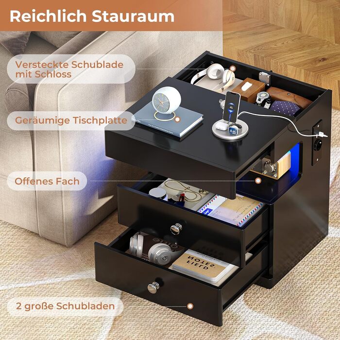 Нічний столик AOGLLATI з прихованим відділенням, розеткою та LED-підсвічуванням, 2 шухляди, висувний ящик, полиця, глянцева поверхня (40x35x59 см, чорний, 2)