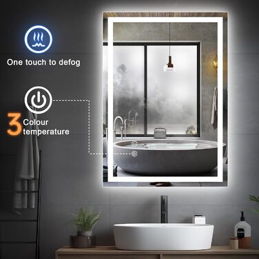 Дзеркало для ванної кімнати зі світлодіодним підсвічуванням 50x70 см, LED дзеркало з сенсорним вимикачем, 80x60 см з 3-кольоровим регулюванням яскравості