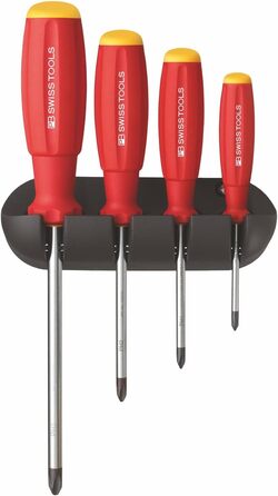 Набір викруток PB Swiss Tools Phillips PB 8242.RB 100 швейцарського виробництва Набір викруток SwissGrip PH 0/1/2/3 з 4-ма предметами, включаючи практичний настінний кронштейн (червоний/чорний)