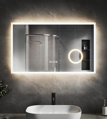 Дзеркало для ванної кімнати зі підсвічуванням SVNR, 70 x 50 см, LED, з 4 мм дзеркалом без вмісту міді, подвійне сенсорне керування, антизапарник, регулювання кольору світла (3000K-6400K), Smart-дзеркало з лупою 5x та розеткою для гоління