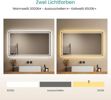 Дзеркало для ванної кімнати EMKE з підсвічуванням 40x60 см LED, антизапар, холодний/теплий білий, з кнопкою, алюмінієва рама, IP44, енергозберігаюче