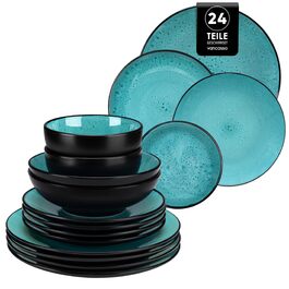 Набір посуду Bubble 6 осіб, 24 шт. з кераміки, зелений: тарілки та миски, мікрохвильова піч