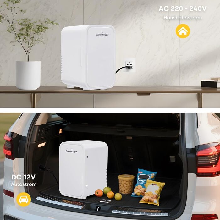 Міні-холодильник Enventor 6 л (8 банок), портативний охолоджувач та підігрівач, живлення AC/DC 12V для авто, спальні, косметики та напоїв, білий