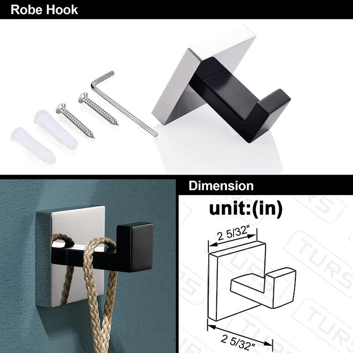 Набір приладдя для ванної кімнати Turs з 5 предметів, вішалка для рушників, гачок, тримач для туалетного паперу, кільце для рушників, для настінного монтажу (Чорний, Чорний)