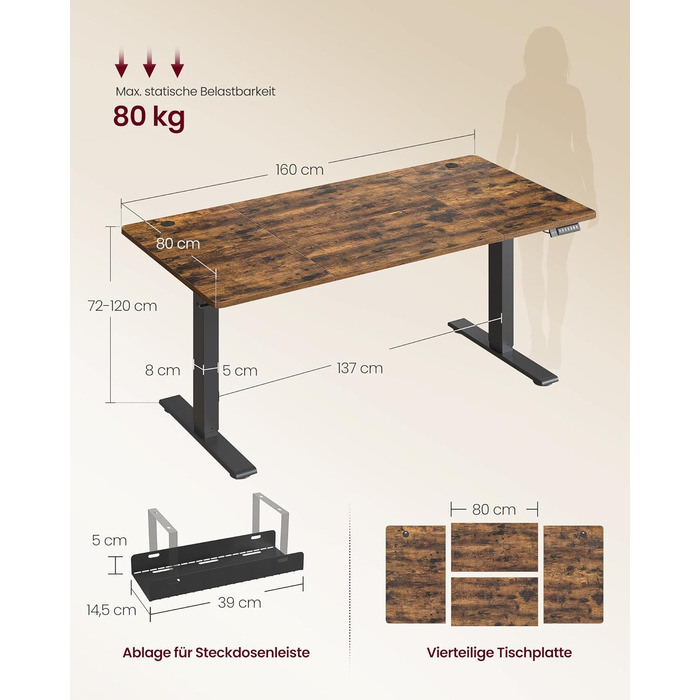 Стол для роботи VASAGLE з регулюванням висоти, USB-C, підставка для розеток, стоячий стіл, нагадування про перерви, 3 пам'яті, 160x80 см, Vintage Brown (LSD146WZ02)