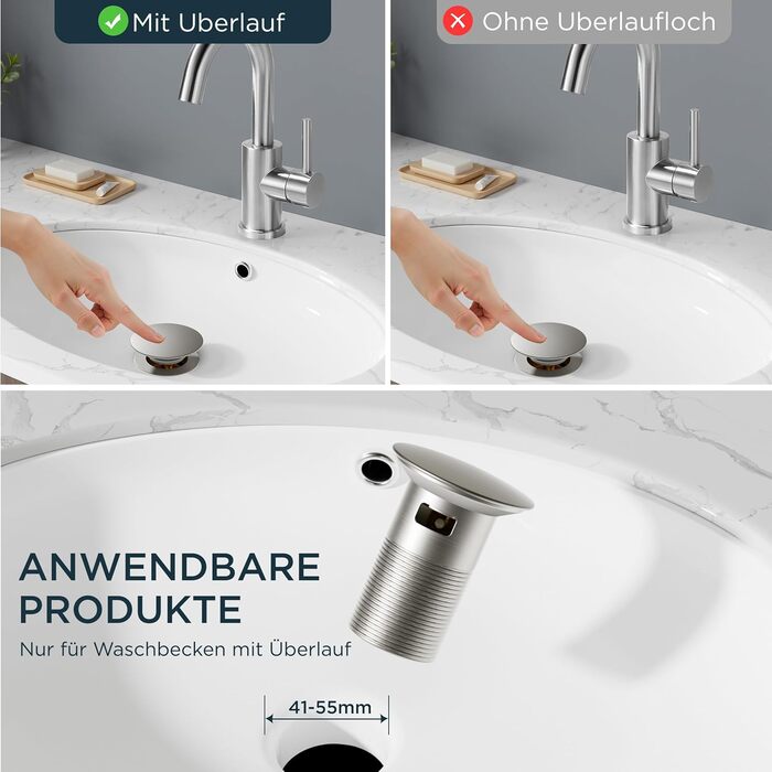 Змішувач для ванної кімнати/кухні FORIOUS Hoch 360° з нержавіючої сталі, з підйомом 175 мм, з підключенням до гарячої та холодної води, для мийки, для дому та кемпінгу