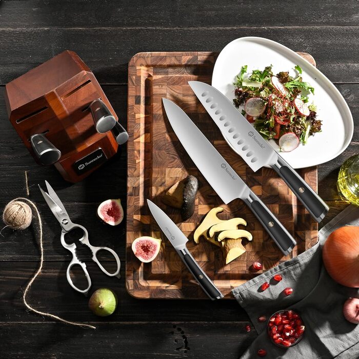 Набір ножів Sunnecko 6 шт. з підставкою – кухонний набір ножів, кухонні ножі з ергономічними ручками, гострими лезами, підставка з нержавіючої сталі та акації