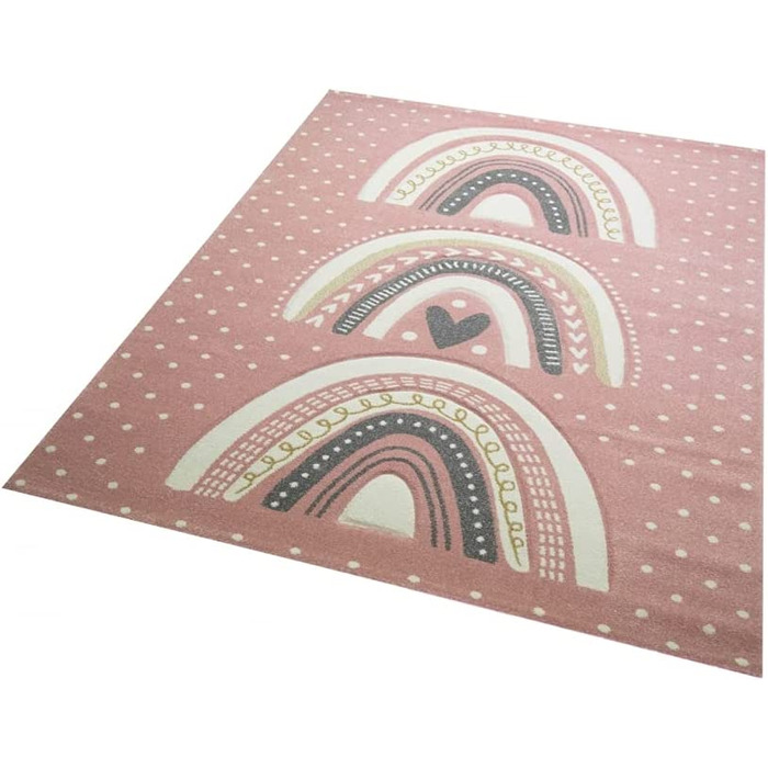 Дитячий килимок для спальні, килимок для ігор в горошок, Райдужний дизайн у вигляді серця, Рожевий, сірий, Розмір 120x170 см