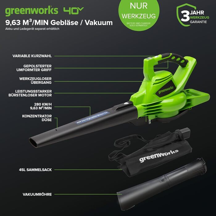 Акумуляторний листозбірник/лістовий повітродув Greenworks 40V GD40BVK2X з безщітковим двигуном, 370 км/год, 14.17 м³/хв, 45л мішок для збору листя, 3 роки гарантії, 5Ah акумулятор та універсальне зарядне пристрій + бонусний акумулятор 4Ah