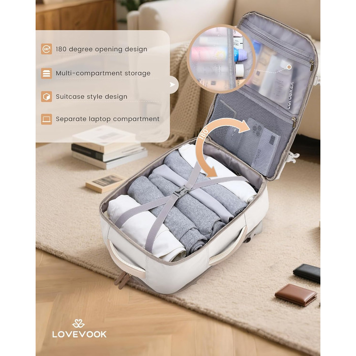 Рюкзак для ручної поклажі LOVEVOOK 40L, рюкзак для подорожей для жінок, з відділенням для мокрого та сухого, 45x36x20 см, для ноутбука, ручної поклажі, 18 дюймів (Бежевий хакі)