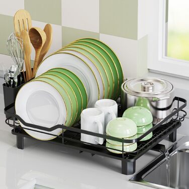 Сушарка для посуду ROTTOGOON розширювана, нержавіюча сталь, з висувним носиком та відділенням для столових приладів, чорна (1-рівнева)