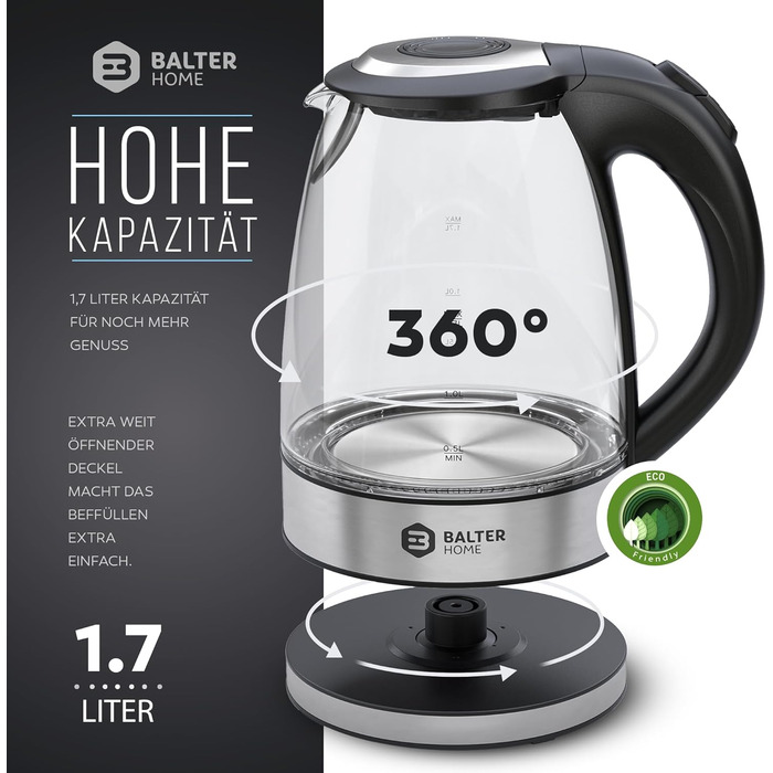 Скляний чайник Balter WK-9-1,7L - 2200 Вт, основа 360, LED, без BPA, нержавіюча сталь, без рівнів температури