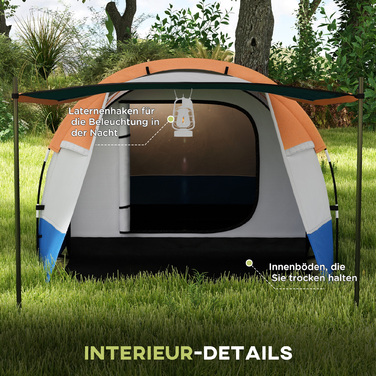 Outsunny Camping Tent, тунельний намет для 3 осіб, з легким гачком, тент, 2 кімнати, вітрозахисний сімейний намет із сумкою для перенесення, водовідштовхувальний висувний намет 2000 мм для кемпінгу, саду, помаранчевого