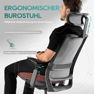 Ергономічне крісло Colamy для офісу та дому: регульована глибина сидіння, 4D підлокітники, підтримка попереку (до 136 кг), сіре