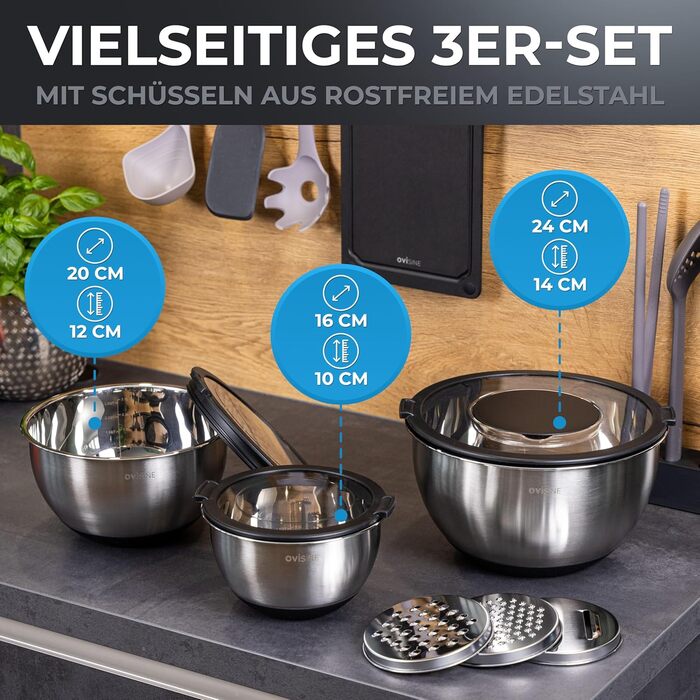 Набір мисок Roumare з нержавіючої сталі | 3 шт. | ⌀ 24, 20, 16 см | Миски для змішування, салатники | Кухня | Нековзний дно | 1,0л - 2,5л - 4,5л | З аксесуарами