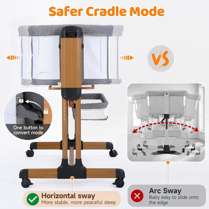 Дитяче ліжко-приліжкове 3 в 1 з м'яким матрацом, безпечне та універсальне, 7 положень по висоті, відкидна боковина з колесами для дому та подорожей