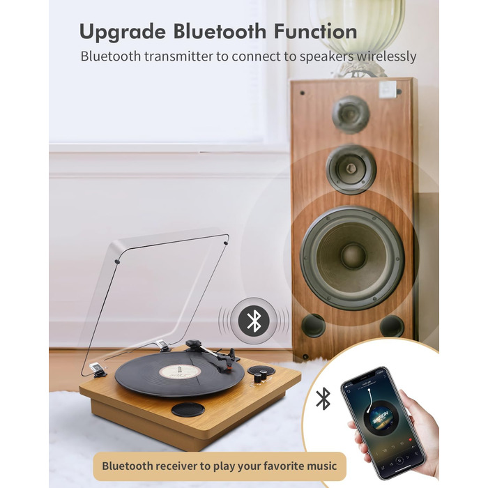 Програвач вінілових платівок VIFLYKOO з Bluetooth, стереодинаміками, 3 швидкості, ретро-дизайн, підтримка конвертації вініл-у-MP3, AUX, RCA, вихід для навушників