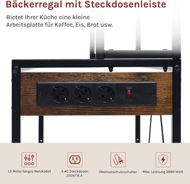 Кухонна полиця WOLTU з 6 ярусами, з розетками, для мікрохвильовки, з металевим каркасом, регульовані полиці, чорний+рустичний коричневий, 60 x 167 x 40 см (чорний+вінтажний коричневий, 80 x 39,5 x 167 см)