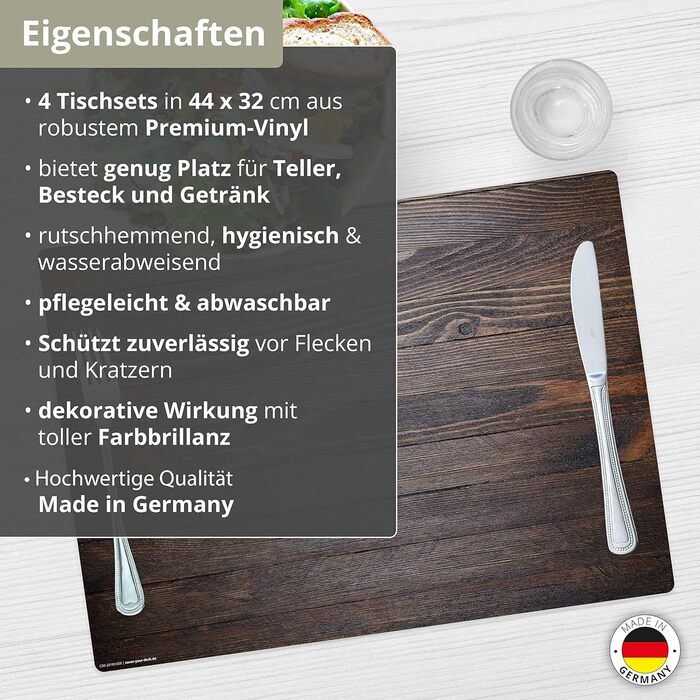Набір килимків на стіл | 4 шт. з дерева (вініл) - антиковзаючі, без BPA - Made in Germany