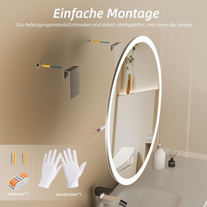 Дзеркало для ванної кімнати HySail з підсвічуванням, 5 мм, високоякісне срібне скло, 3 колірні температури та регульована яскравість, настінне дзеркало з сенсорним перемикачем та антизапарюючим покриттям, кругле (3 кольори + регулювання, 80x80 см)