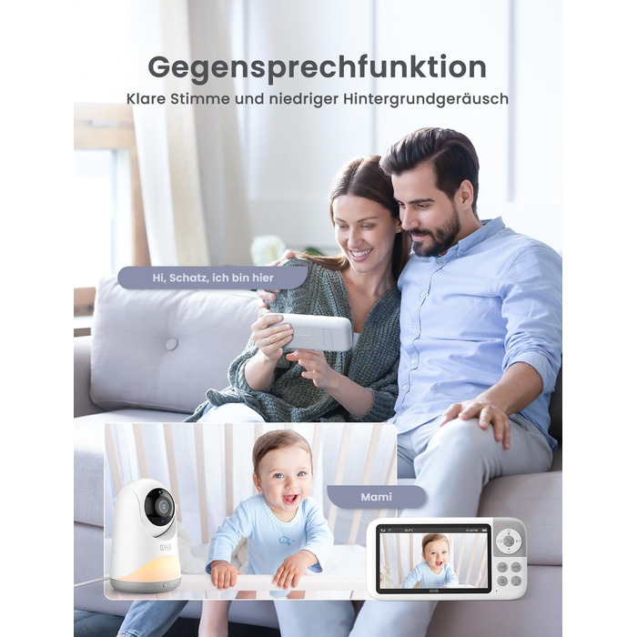 Відеоняня GHB з камерою 5'' HD IPS, 720P, 3050mAh, VOX, Zoom 3X, Нічне бачення, Зв'язок, 8 колискових, Підтримка 4 камер