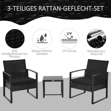 Садовий набір Outsunny Poly Rattan для 2 осіб Набір балконних меблів з подушками чорний, стійкий до погодних умов і сучасний для патіо та саду